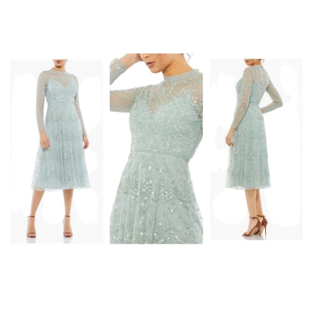 Mac Duggal 9142 Sequined Illusion Long Sleeve Midi Dress Seafoam Size 10 $498